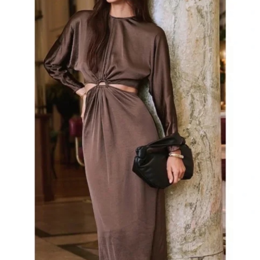 Express Long Sleeve Brown Satin Dress